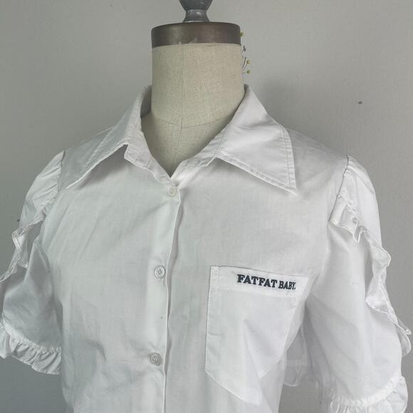 Ruffled Short Sleeve Button Up, Size L - Picture 4 of 7